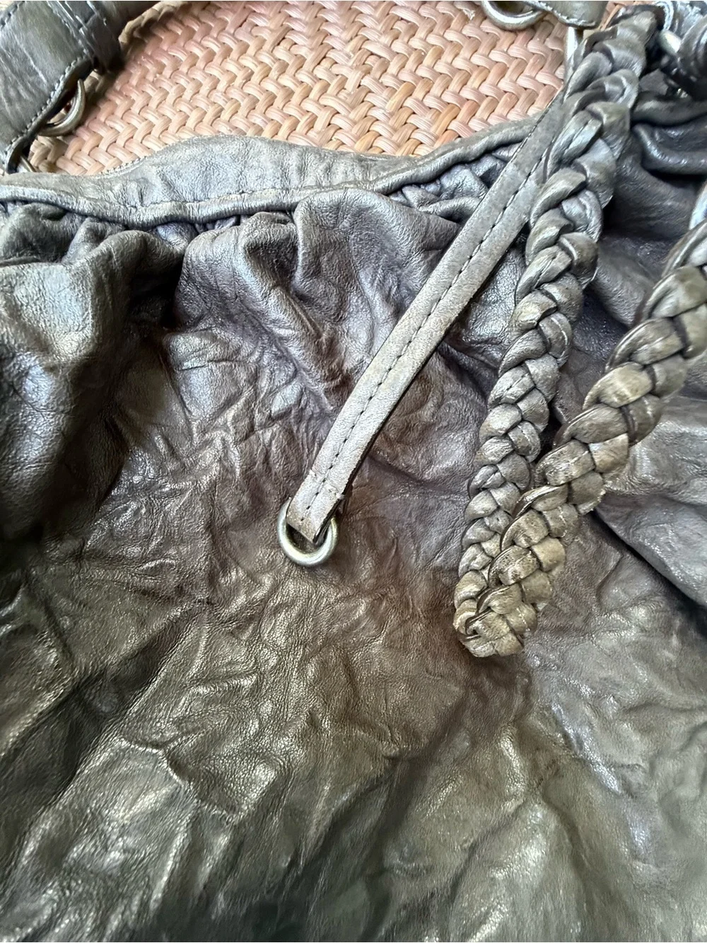 Juicy Couture Distressed Leather Hobo Bag Bronze Braided Strap Large Y2K